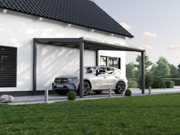 Alufuchs Carport Freistehend im Curved Design aus Aluminium in Anthrazit mit 2 Pfosten am Einfamilienhaus