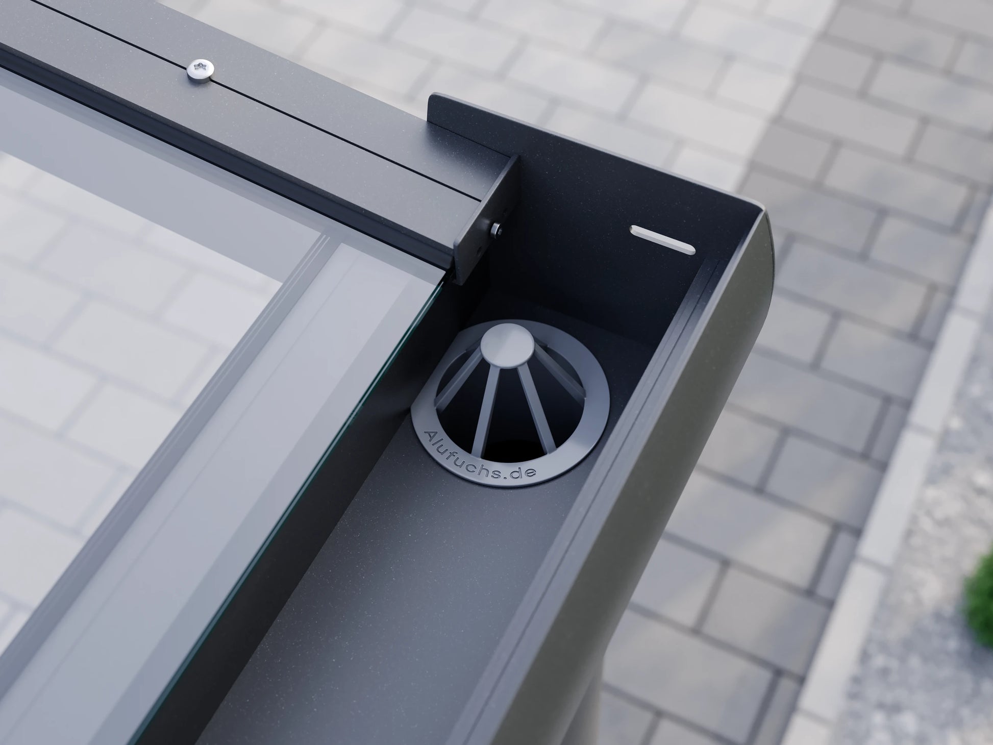 Blattfänger in der Regenrinne eines Alufuchs Carports mit VSG Glas Klar im Curved Design