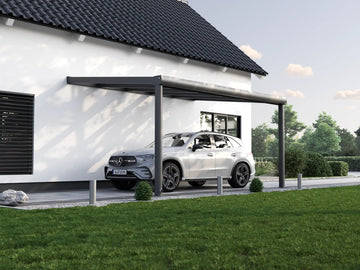 Alufuchs Carport Wandgebunden im Curved Design aus Aluminium in Anthrazit mit 2 Pfosten am Einfamilienhaus