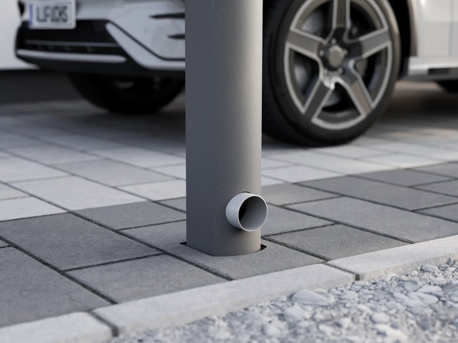 Integrierter Wasserablauf im Curved Pfosten eines Alufuchs Carports – elegante Regenwasserführung zur Entwässerung