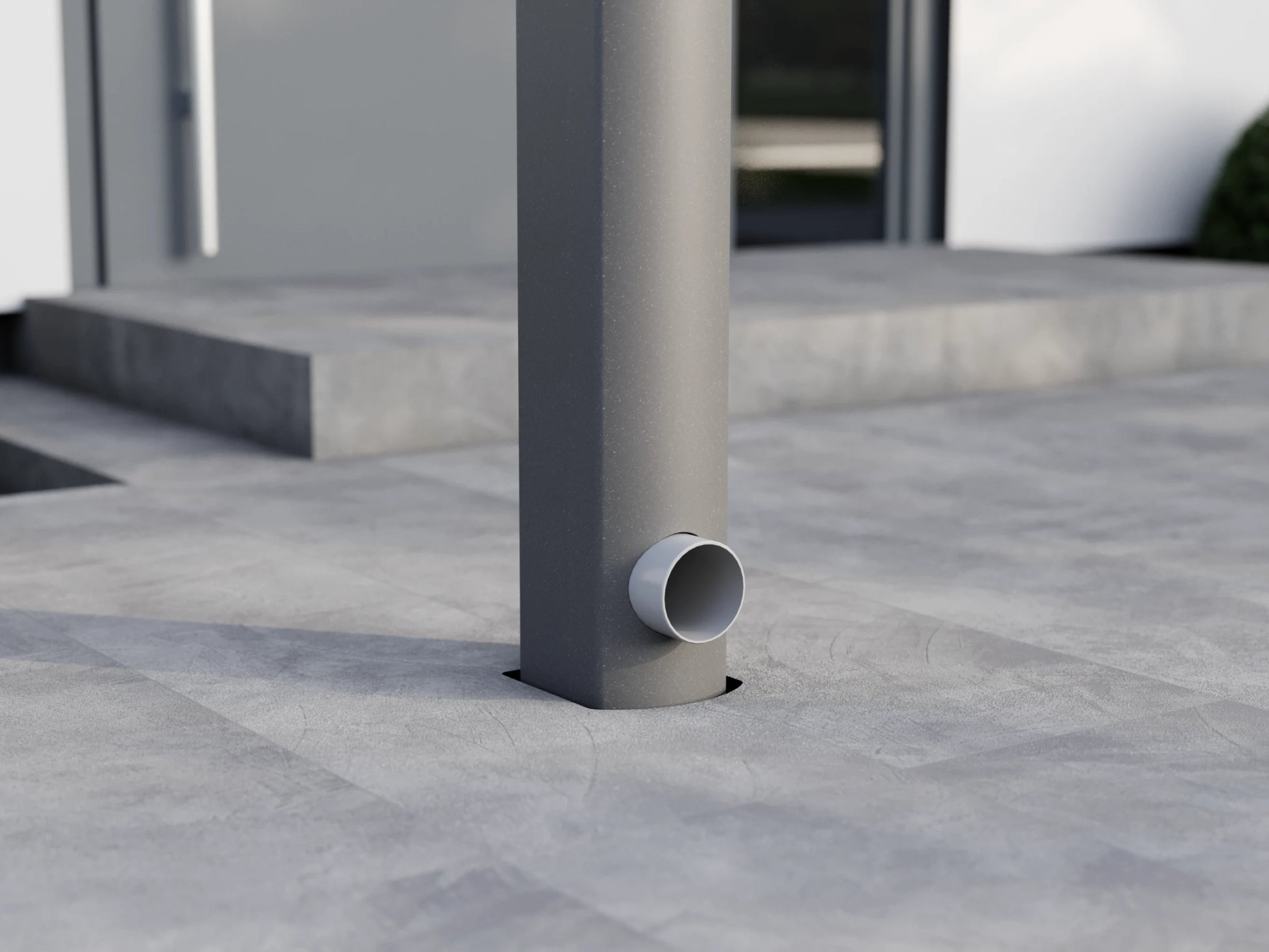 Integrierter Wasserablauf im Curved Pfosten einer Alufuchs Eingangsüberdachung – elegante Regenwasserführung zur Entwässerung