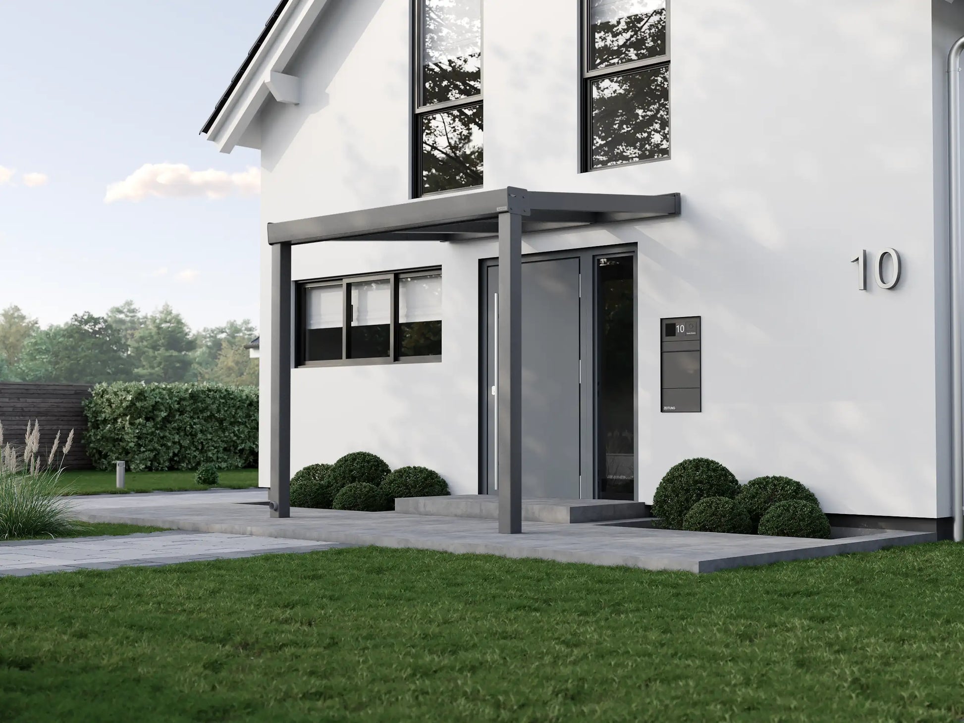 Alufuchs Eingangsüberdachung Wandgebunden aus Aluminium in Anthrazit an modernem Einfamilienhaus – stilvoller Wetterschutz für den Eingangsbereich