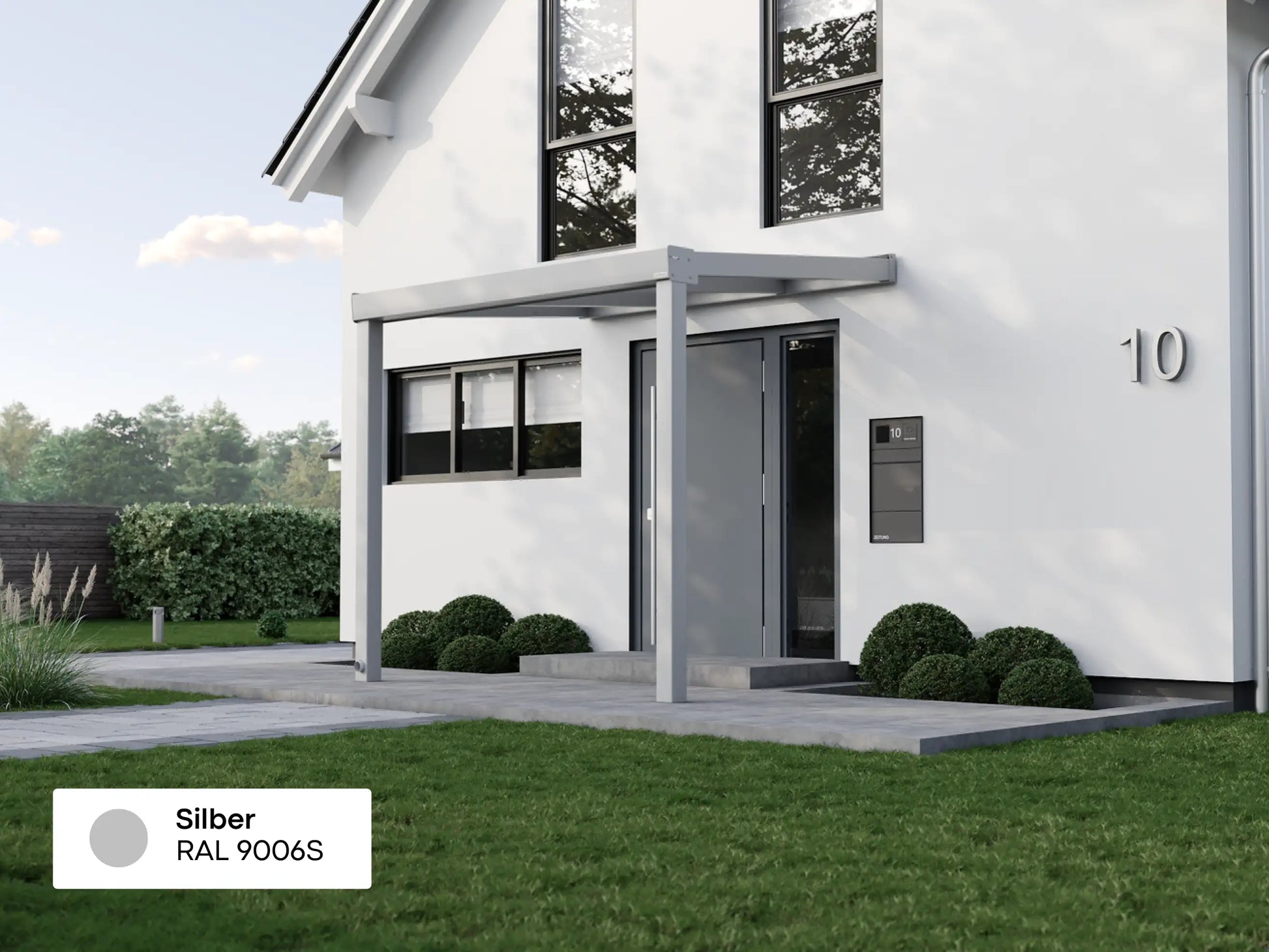 Alufuchs Eingangsüberdachung Wandgebunden aus Aluminium in Silber an modernem Einfamilienhaus – stilvoller Wetterschutz für den Eingangsbereich