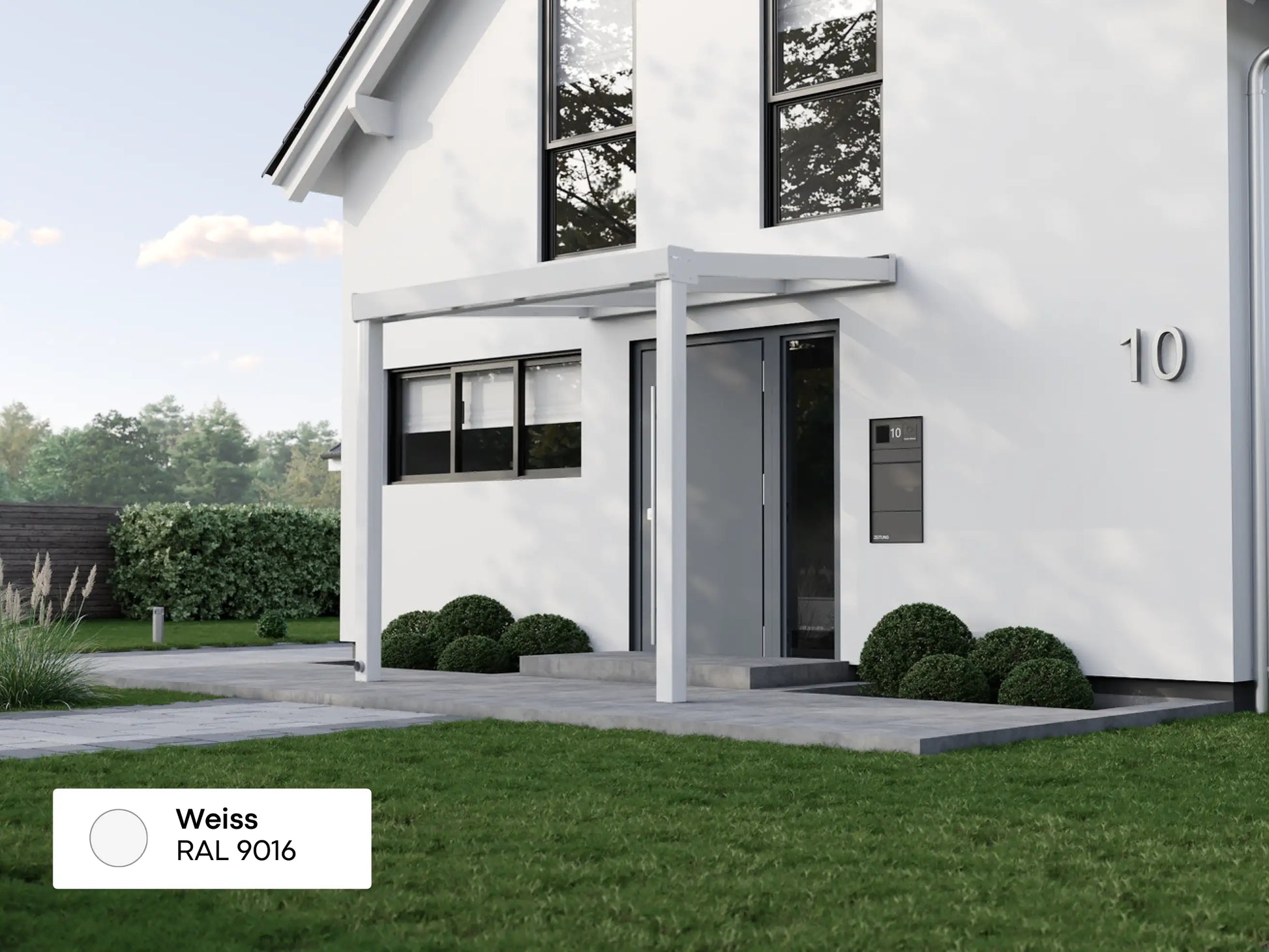 Alufuchs Eingangsüberdachung Wandgebunden aus Aluminium in Weiß an modernem Einfamilienhaus – stilvoller Wetterschutz für den Eingangsbereich