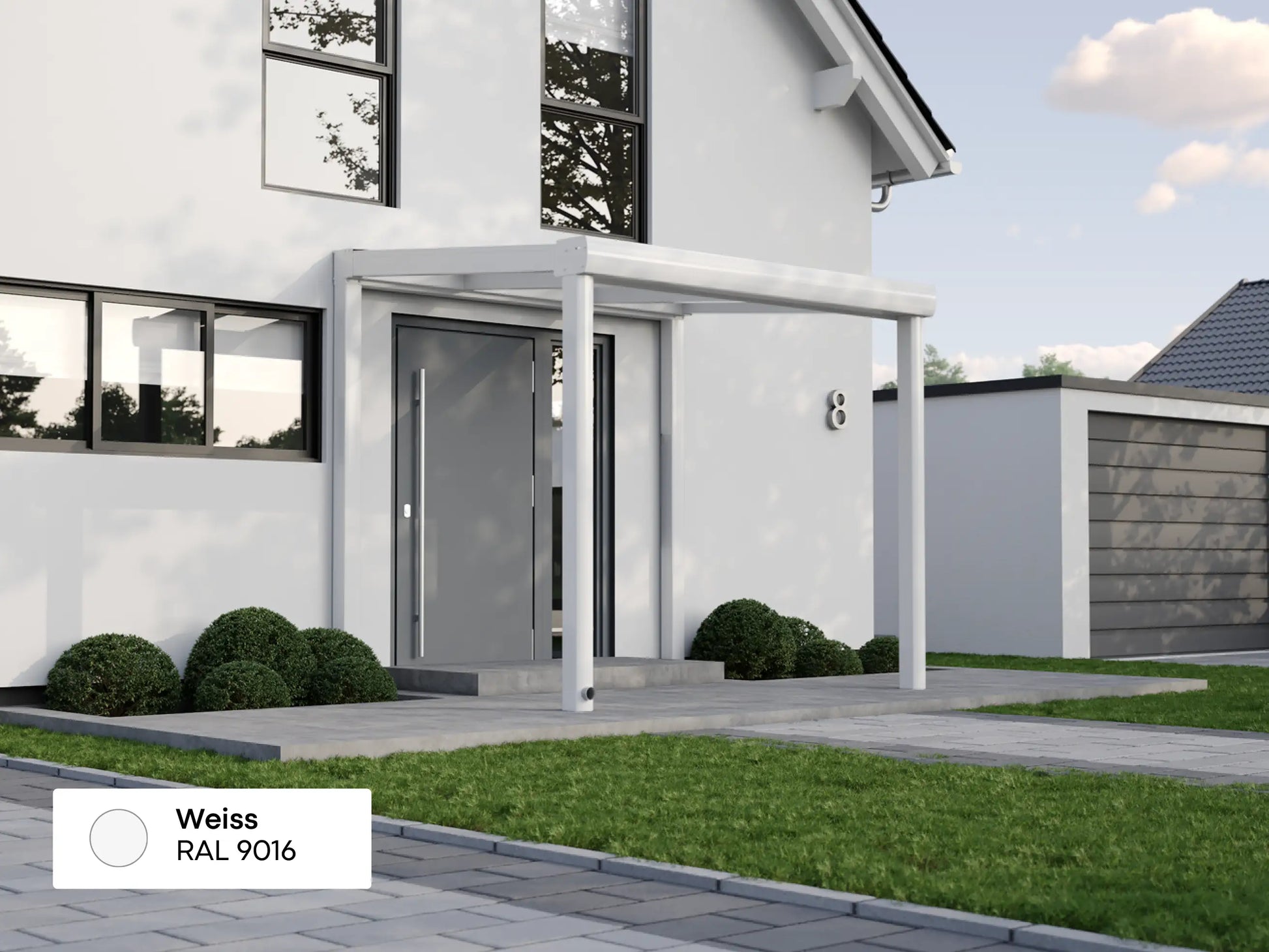 Alufuchs Curved Eingangsüberdachung Freistehend aus Aluminium in Weiß an modernem Einfamilienhaus – stilvoller Schutz für den Eingangsbereich