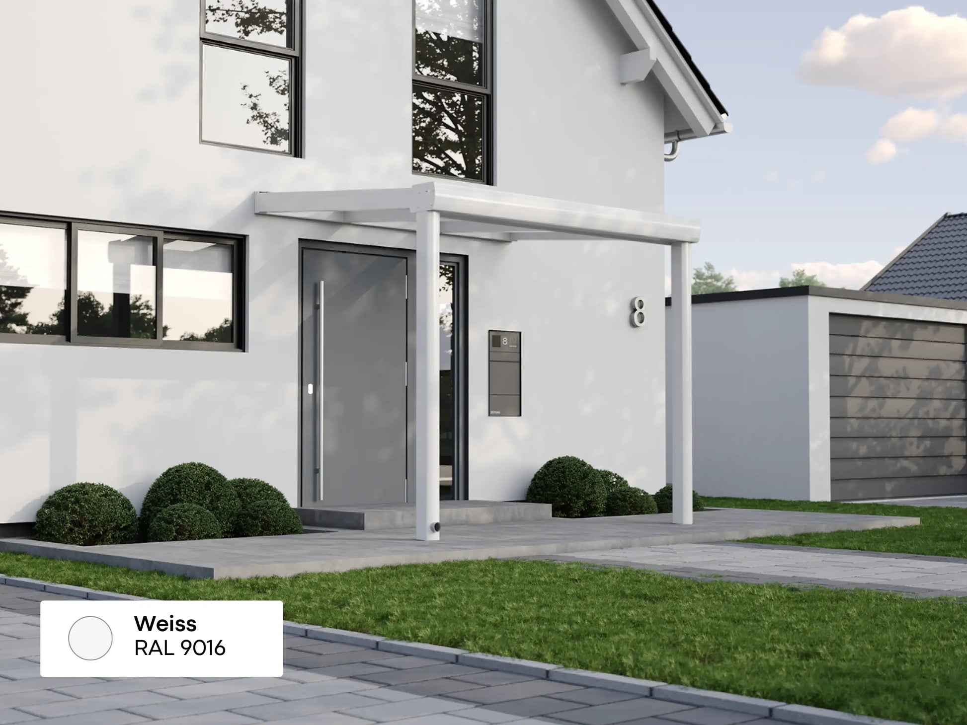 Alufuchs Curved Eingangsüberdachung Wandgebunden aus Aluminium in Weiß an modernem Einfamilienhaus – stilvoller Schutz für den Eingangsbereich
