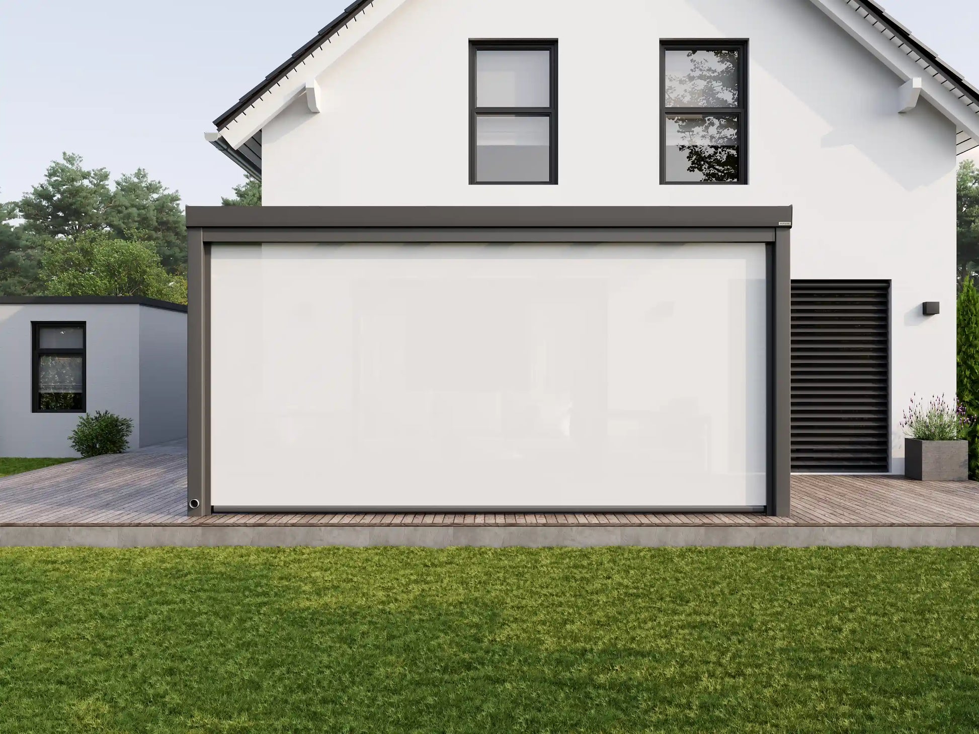 Nova Hüppe Senkrechtmarkise SZ11 als Sicht- und Sonnenschutz an moderner Alufuchs Terrassenüberdachung