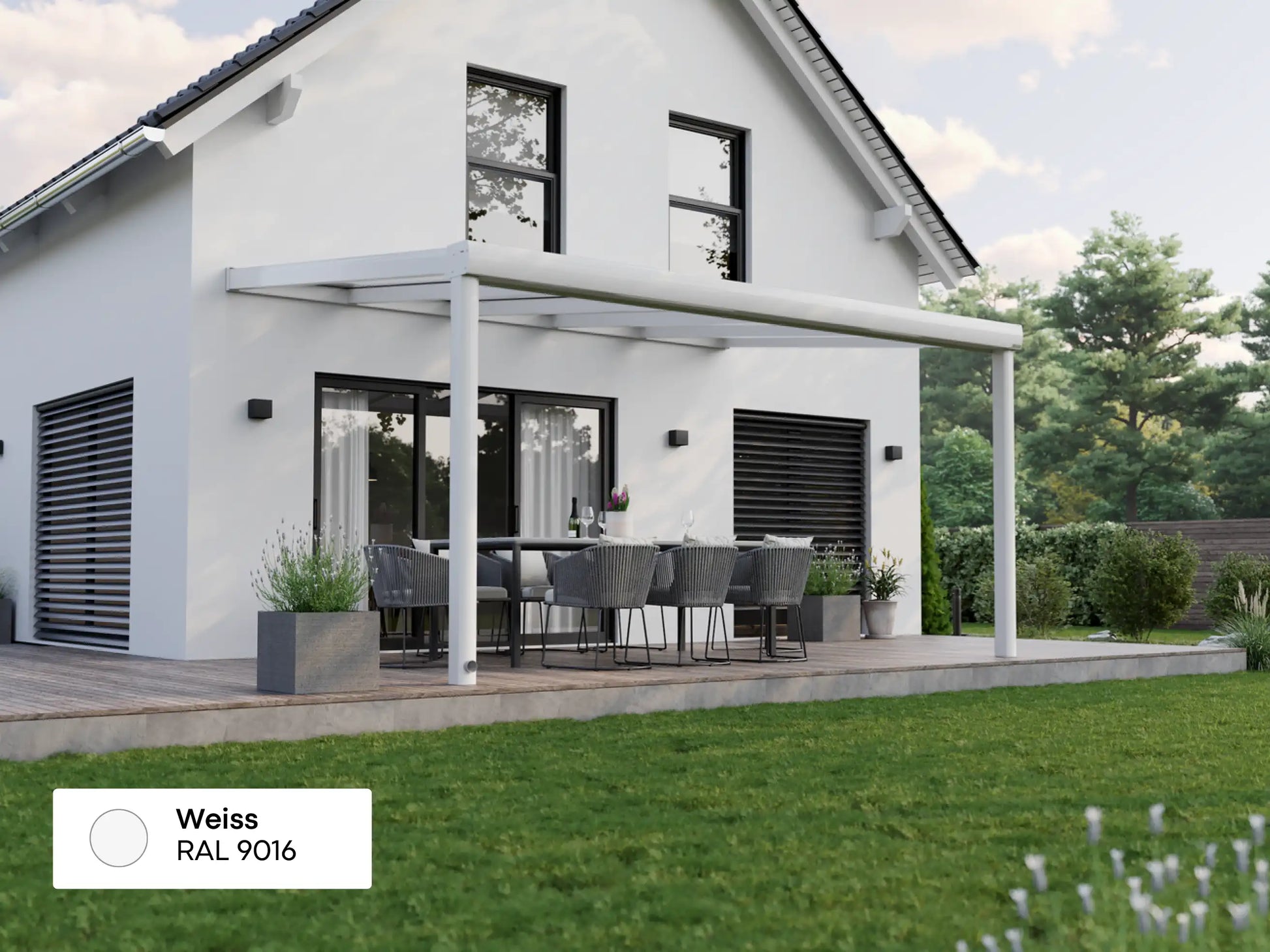 Alufuchs Terrassenüberdachung Wandgebunden im Curved Design aus Aluminium in Weiß mit 2 Pfosten am Einfamilienhaus