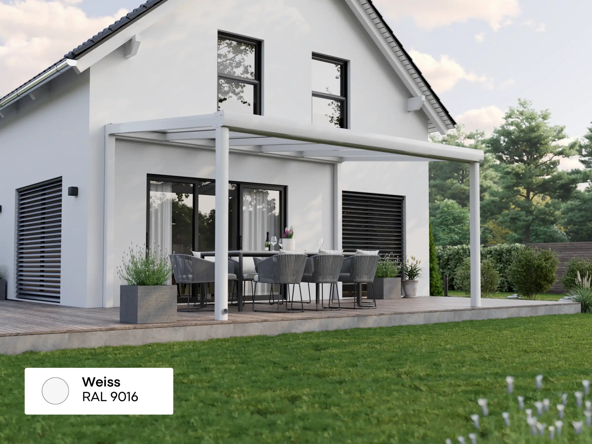 Alufuchs Terrassenüberdachung Freistehend im Curved Design aus Aluminium in Weiß mit 2 Pfosten am Einfamilienhaus