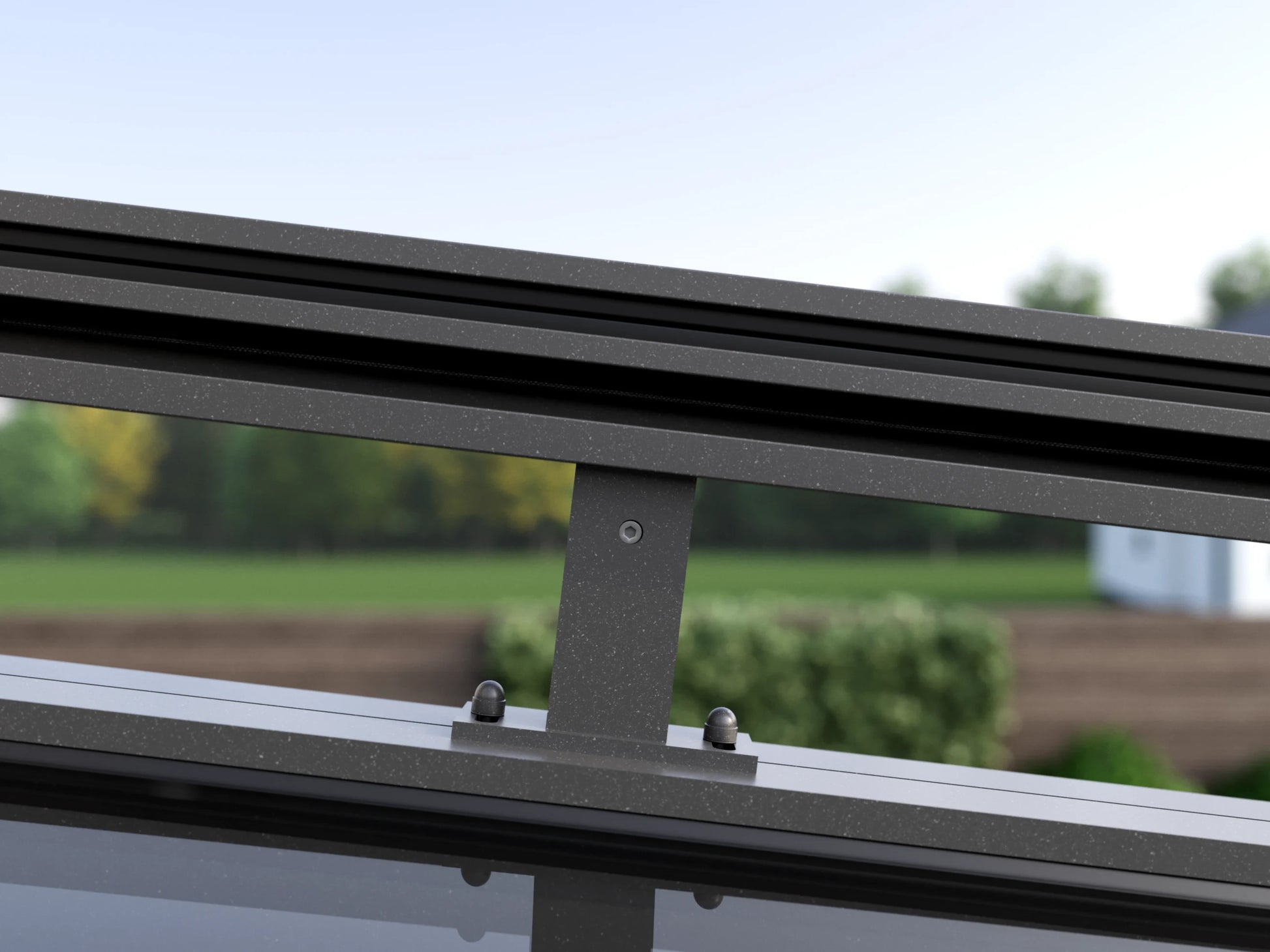 Detailansicht der Führungsschiene der Nova Hüppe Überdachmarkise T350SZ an Alufuchs Terrassenüberdachung