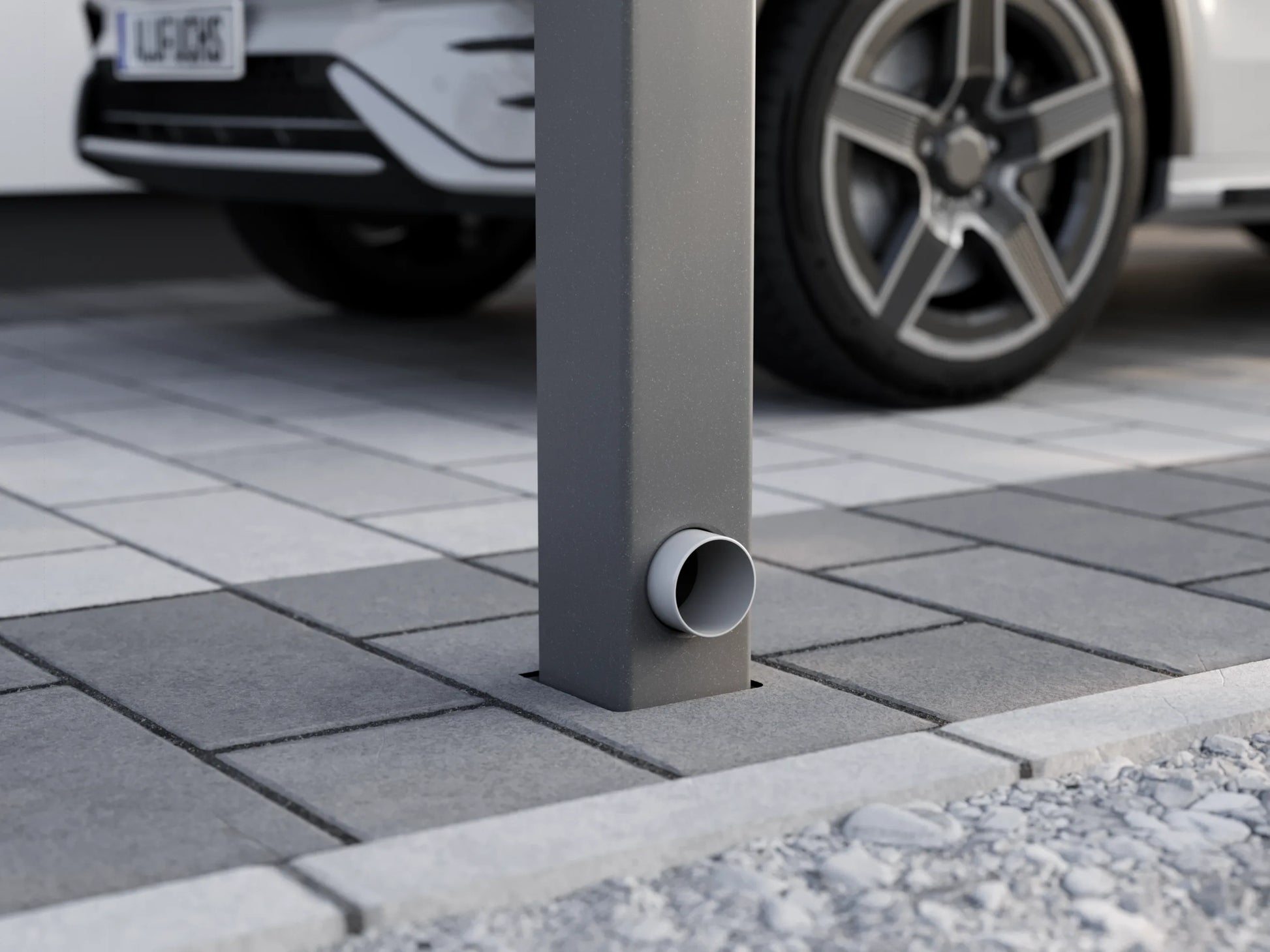 Integrierter Wasserablauf im Classic Pfosten eines Alufuchs Carports – elegante Regenwasserführung zur Entwässerung