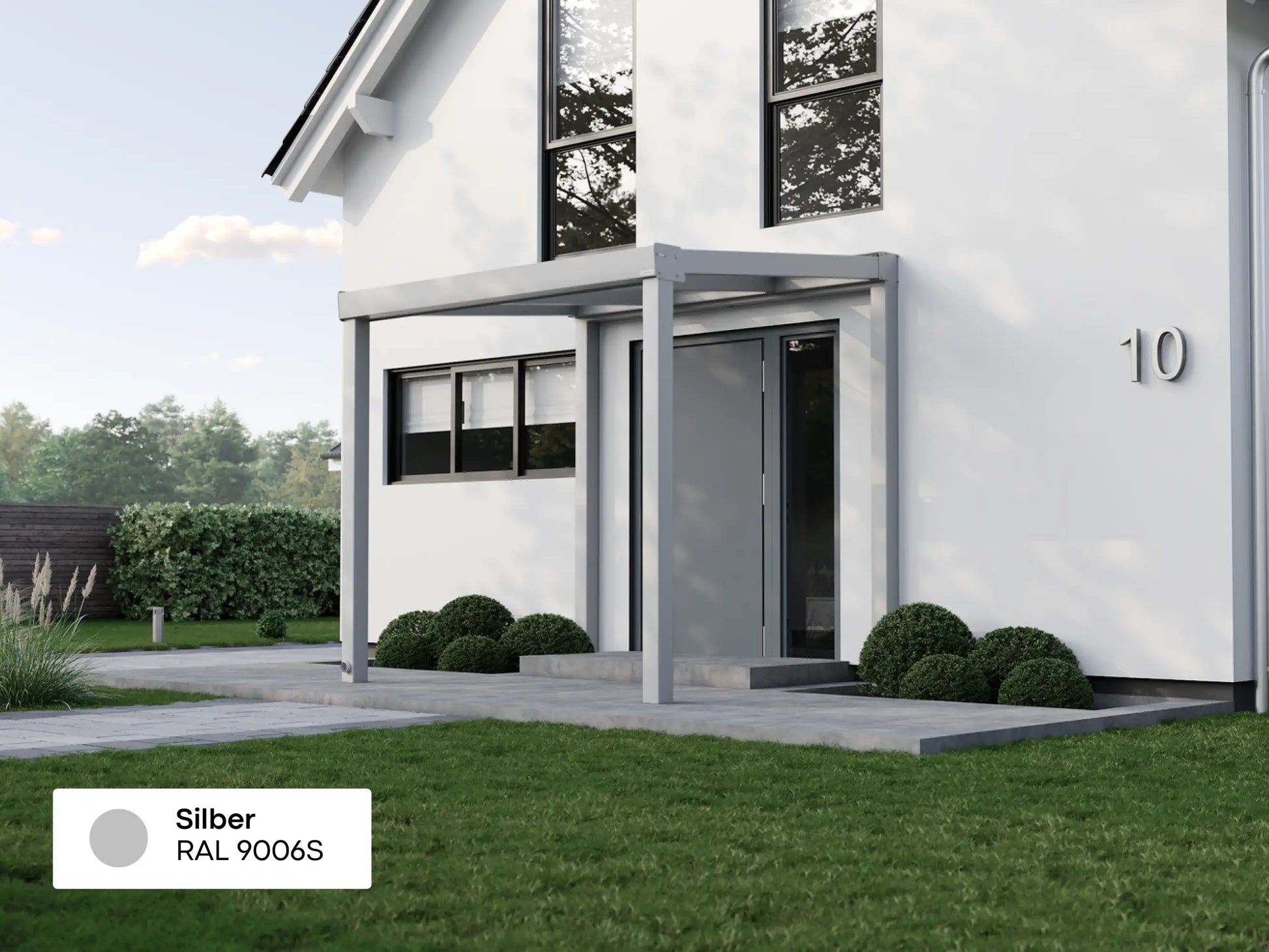 Alufuchs Eingangsüberdachung Freistehend aus Aluminium in Silber an modernem Einfamilienhaus – stilvoller Wetterschutz für den Eingangsbereich