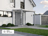 Alufuchs Curved Eingangsüberdachung Freistehend aus Aluminium in Silber an modernem Einfamilienhaus – stilvoller Schutz für den Eingangsbereich