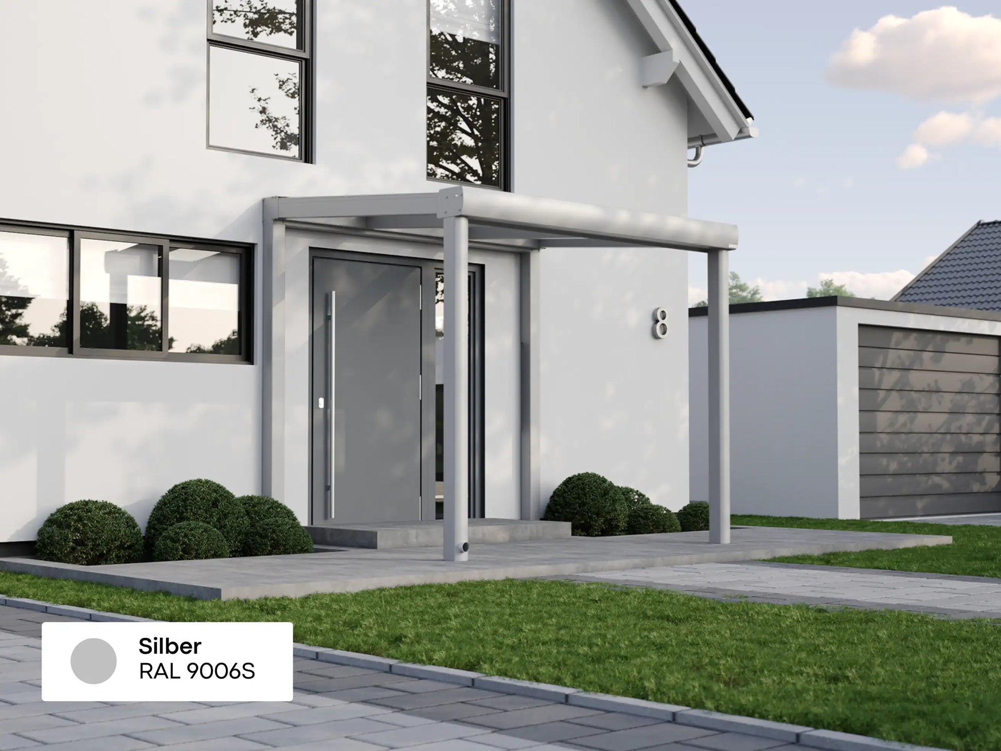 Alufuchs Curved Eingangsüberdachung Freistehend aus Aluminium in Silber an modernem Einfamilienhaus – stilvoller Schutz für den Eingangsbereich