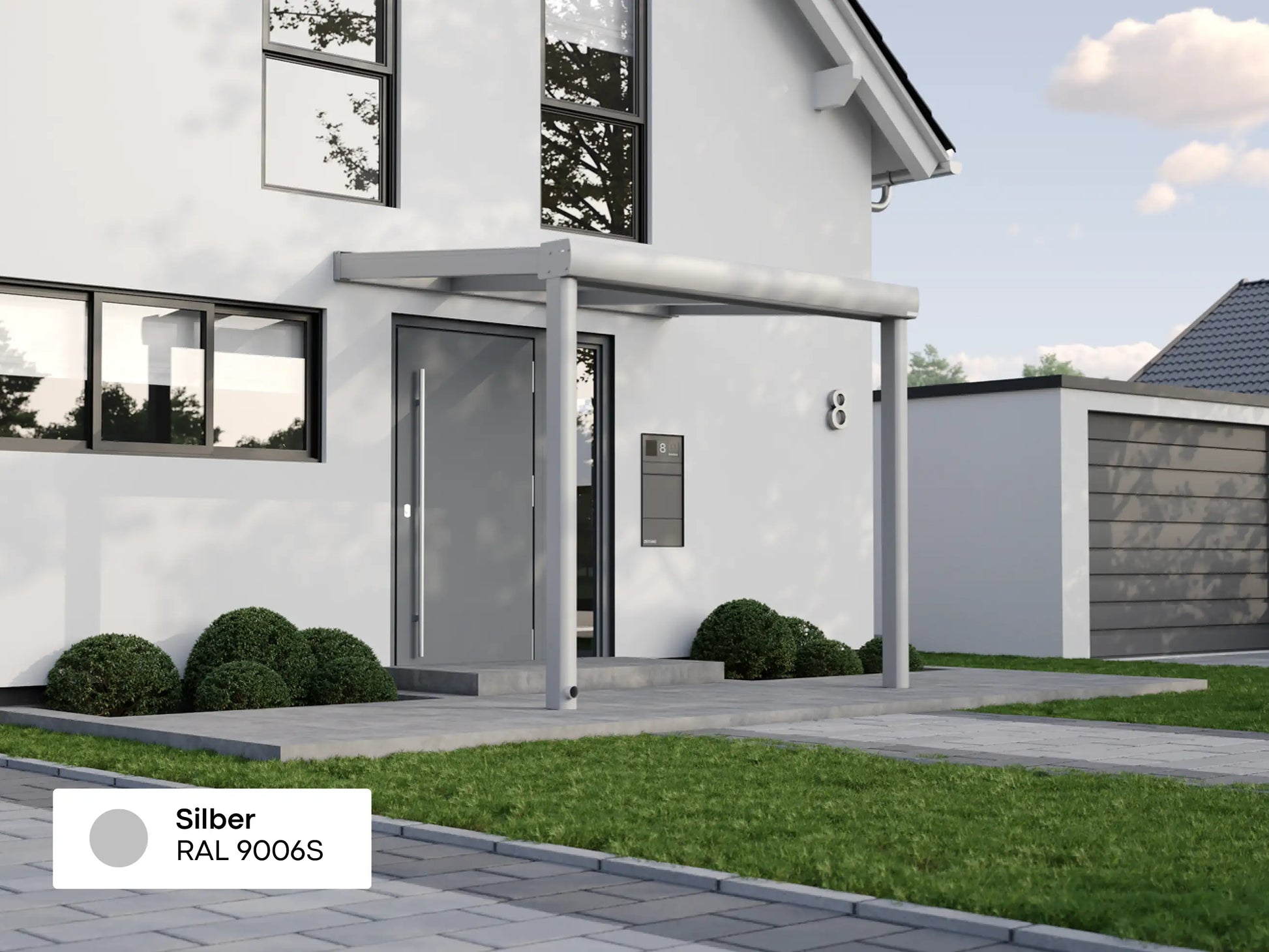 Alufuchs Curved Eingangsüberdachung Wandgebunden aus Aluminium in Silber an modernem Einfamilienhaus – stilvoller Schutz für den Eingangsbereich